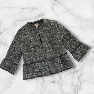 Chicos Ruffle Tweed BoxyJacket Blazer Gray Bell Sleeve Fringe Officecore